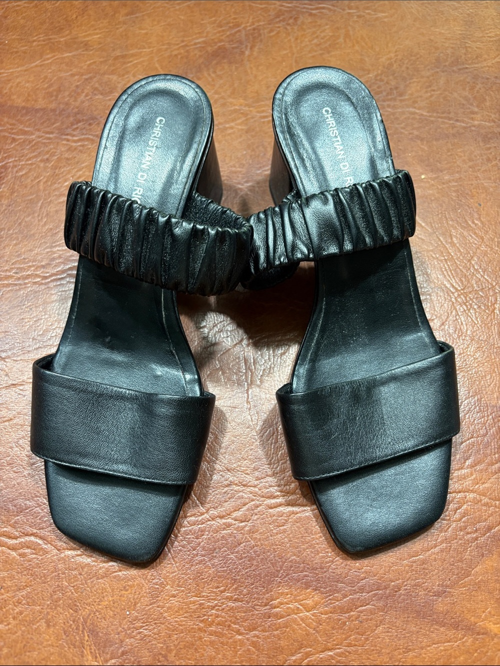 Christian Di Rocco Black Leather Ruched Strap Mules 8.5